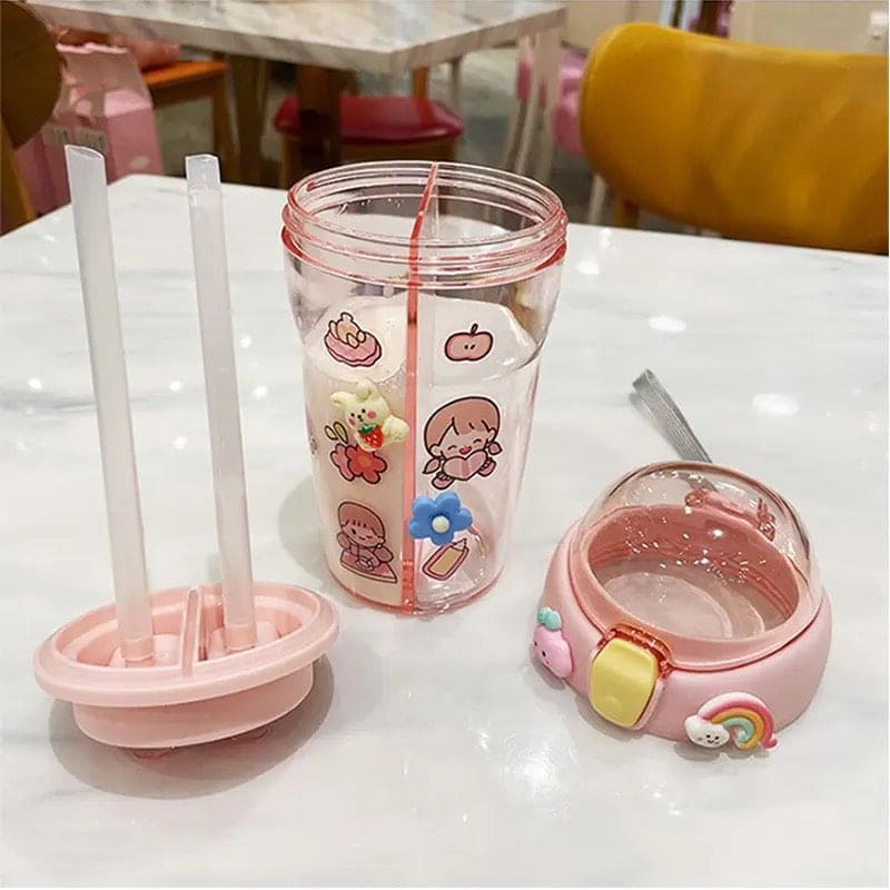 Cute Double Drinking Water Bottle, 430Ml Dual Straw Bottle, Cartoon Sticker Water Bottle, Student Couple Plastic Cup, Transparent Portable Cute Cup with Straw, Double Plastic Sports Cute Water Bottle, Portable Children's Sippy Cup Cute Double Drinking Water Bottle, 430Ml Dual Straw Bottle, Cartoon Sticker Water Bottle, Student Couple Plastic Cup, Transparent Portable Cute Cup with Straw, Double Plastic Sports Cute Water Bottle, Portable Children's Sippy Cup